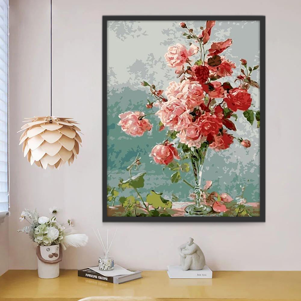 Roze Rozen in een Hoge Vaas Schilderen op Nummers
