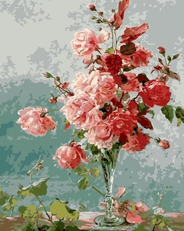 Roze Rozen in een Hoge Vaas Schilderen op Nummers