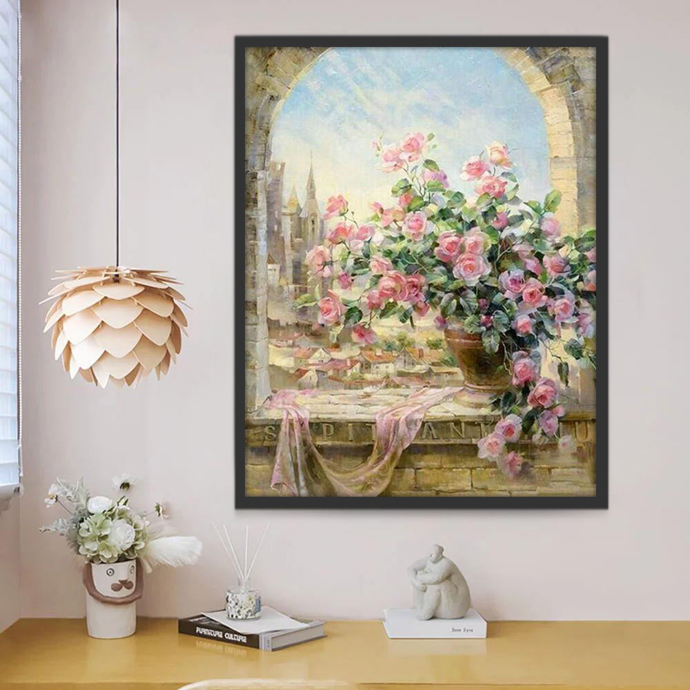 Roze rozen in het kasteelraam Schilderen op Nummers