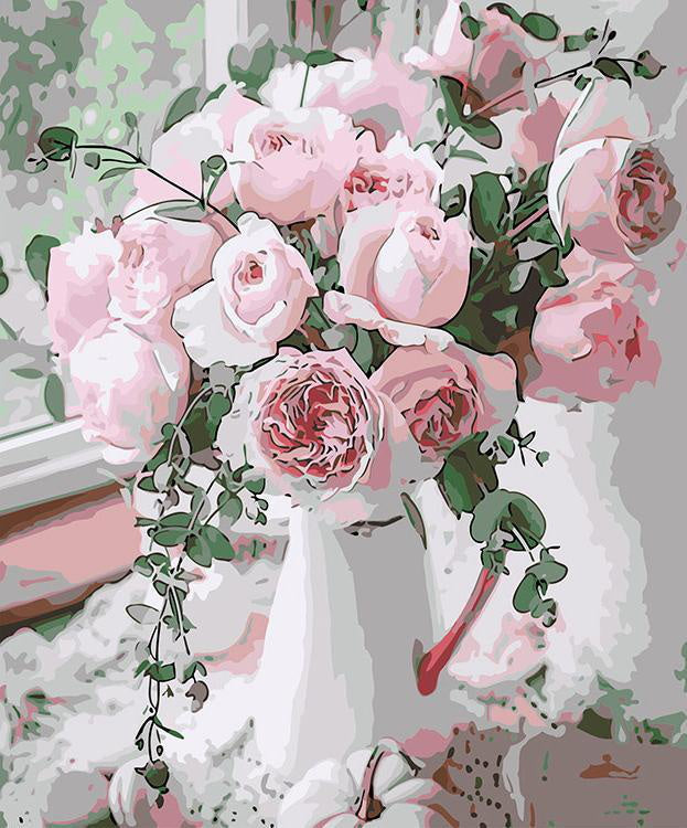 Roze Rozen op de Vensterbank Schilderen op Nummers