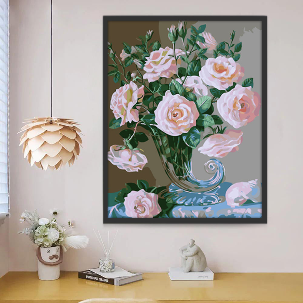 Roze Rozen op een Blauw Tafelkleed Schilderen op Nummers