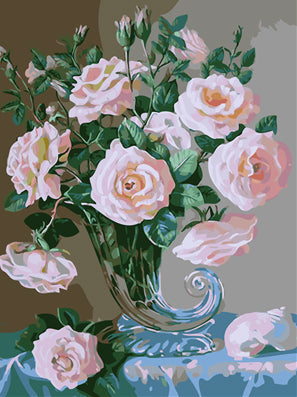 Roze Rozen op een Blauw Tafelkleed Schilderen op Nummers