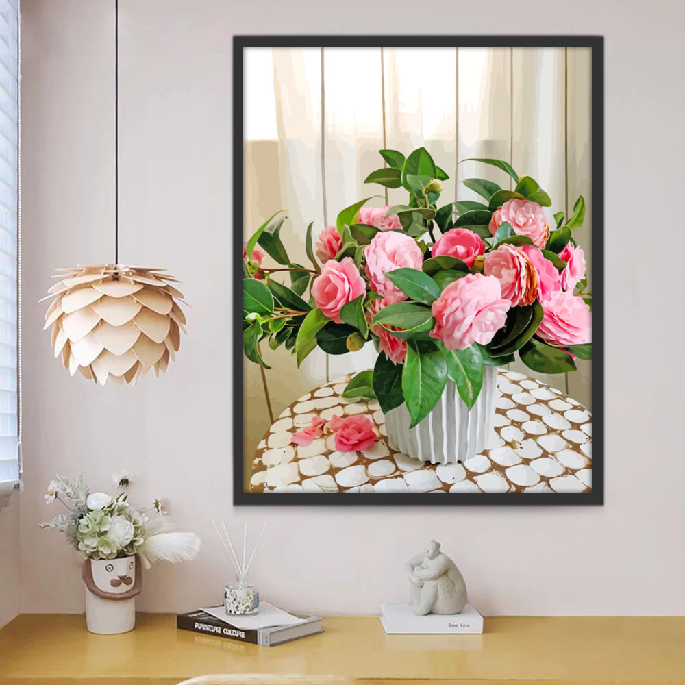 Roze Rozen op een Geruit Tafelkleed Schilderen op Nummers