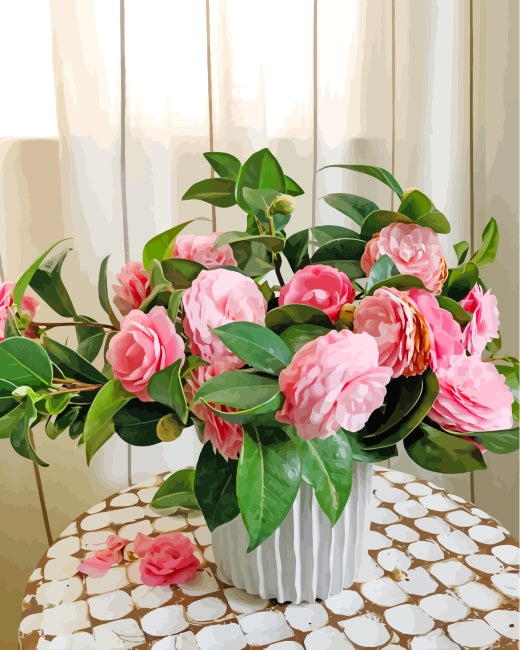 Roze Rozen op een Geruit Tafelkleed Schilderen op Nummers