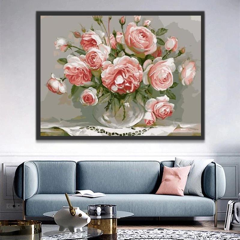 Roze Rozen op een Wit Tafelkleed Schilderen op Nummers