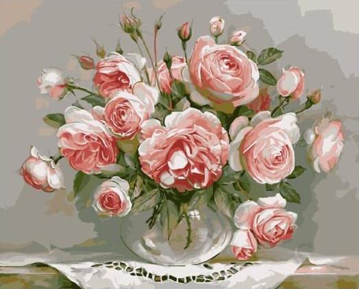Roze Rozen op een Wit Tafelkleed Schilderen op Nummers