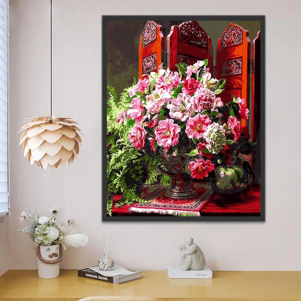 Roze Rozen voor een Rood Scherm Schilderen op Nummers