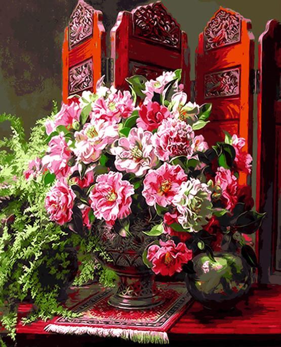 Roze Rozen voor een Rood Scherm Schilderen op Nummers