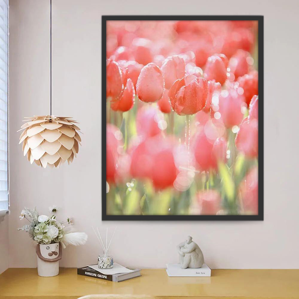 Roze Tulpen met Waterdruppelblaadjes Schilderen op Nummers