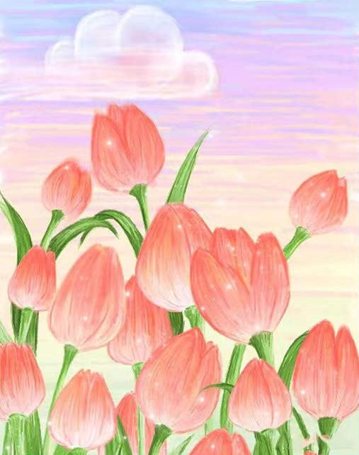 Roze Tulpen onder een Paarse Hemel Schilderen op Nummers