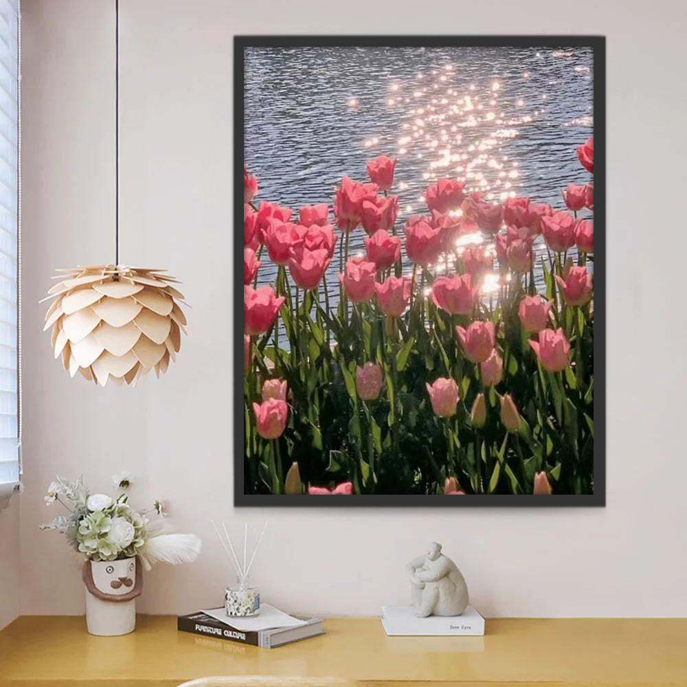 Roze tulpen op de rivieroever Schilderen op Nummers