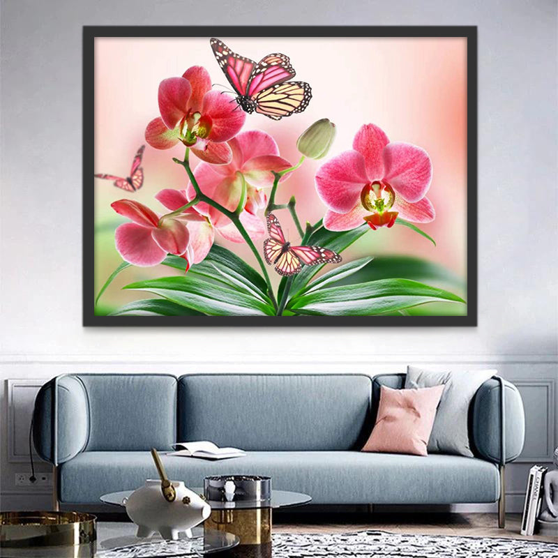 Roze Vlinders rond de Bloemen Schilderen op Nummers