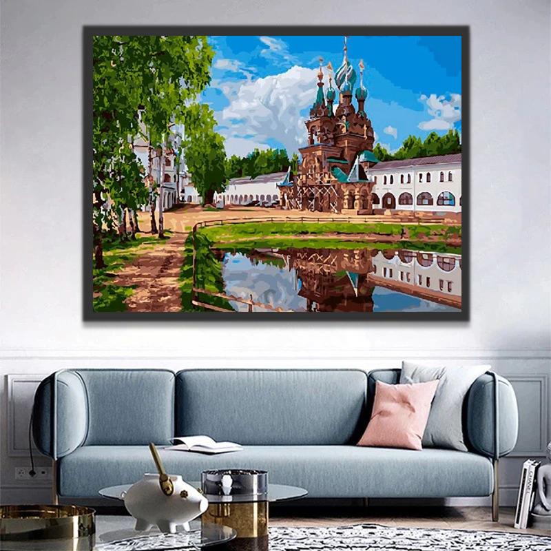 Russische Historische Kerk met Omringende Tuin Schilderen op Nummers