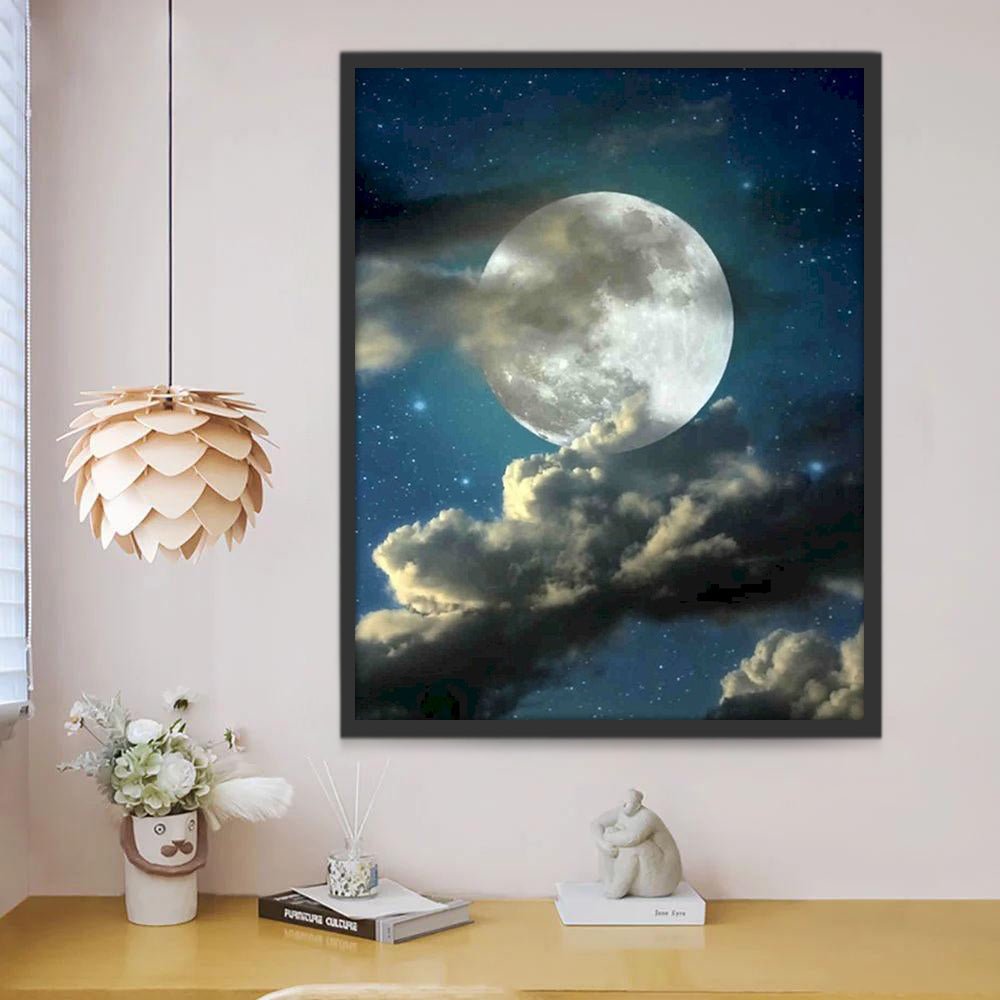 Rustgevende Nacht met Volle Maan en Zwevende Wolken Schilderen op Nummers