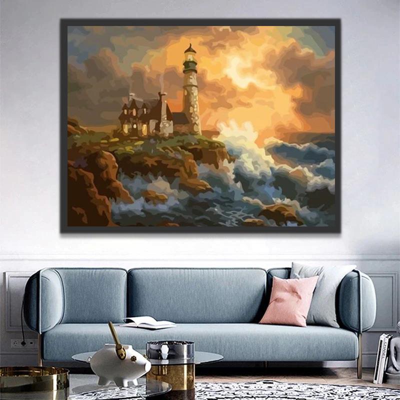 Ruwe Zee en een Vuurtoren Schilderen op Nummers