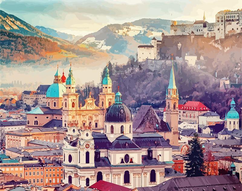 Salzburg en Kasteel Hohenzoburg bij schemering Schilderen op Nummers