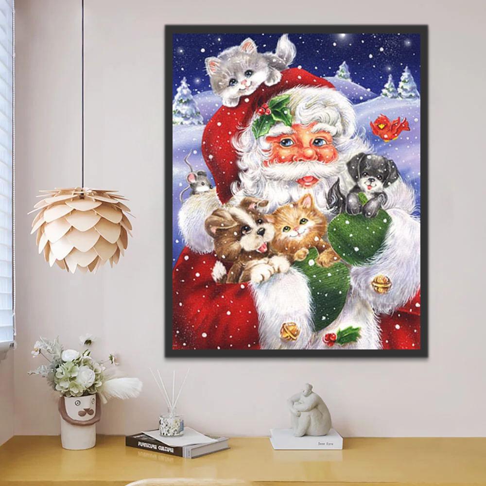 Santa Claus met Schattige Dieren in Zijn Armen Schilderen op Nummers
