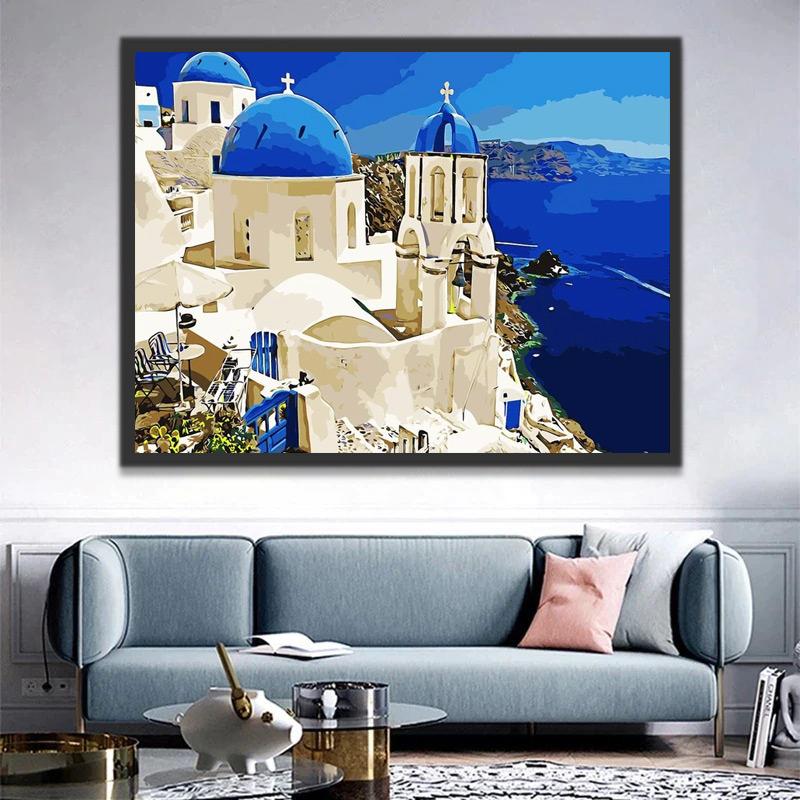 Santorini's Blauw-witte Architectuur tegen de Zee Schilderen op Nummers