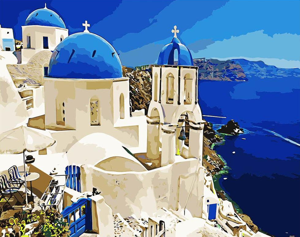 Santorini's Blauw-witte Architectuur tegen de Zee Schilderen op Nummers