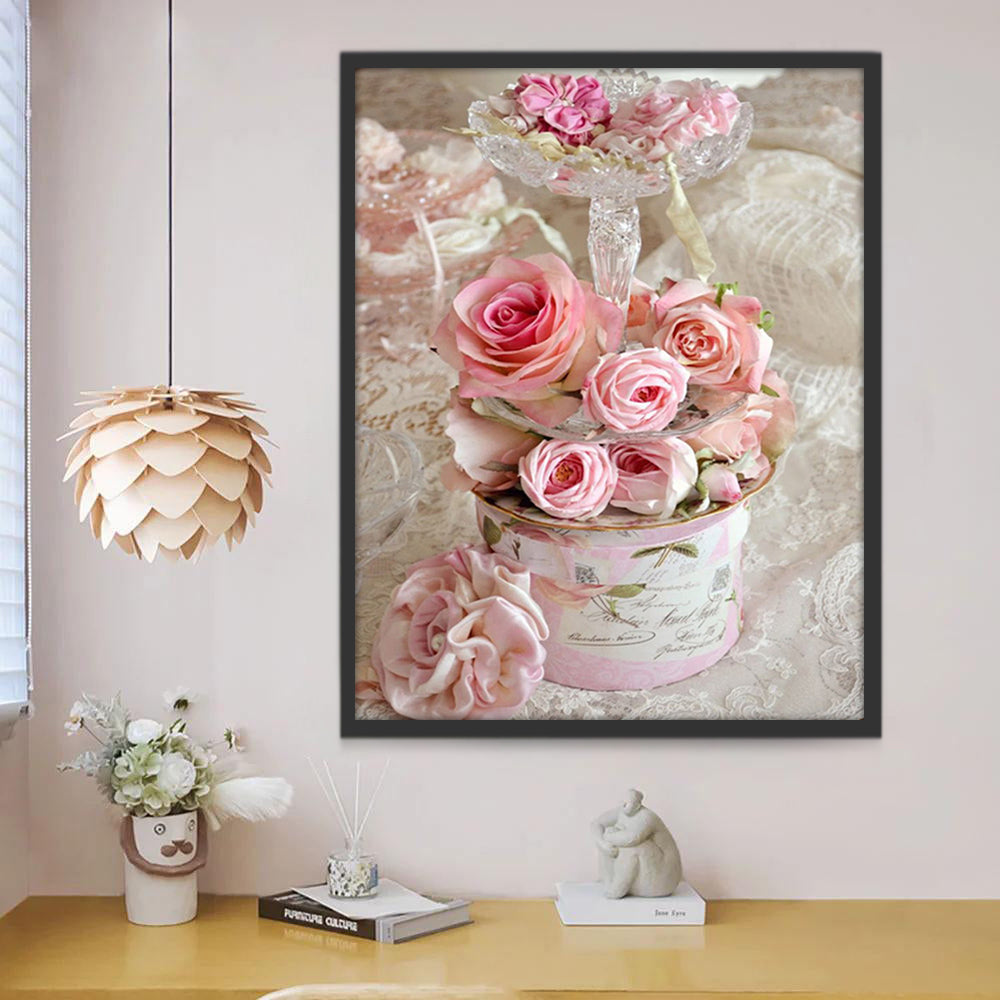 Satijnen Roos en een Pot Roze Rozen Schilderen op Nummers