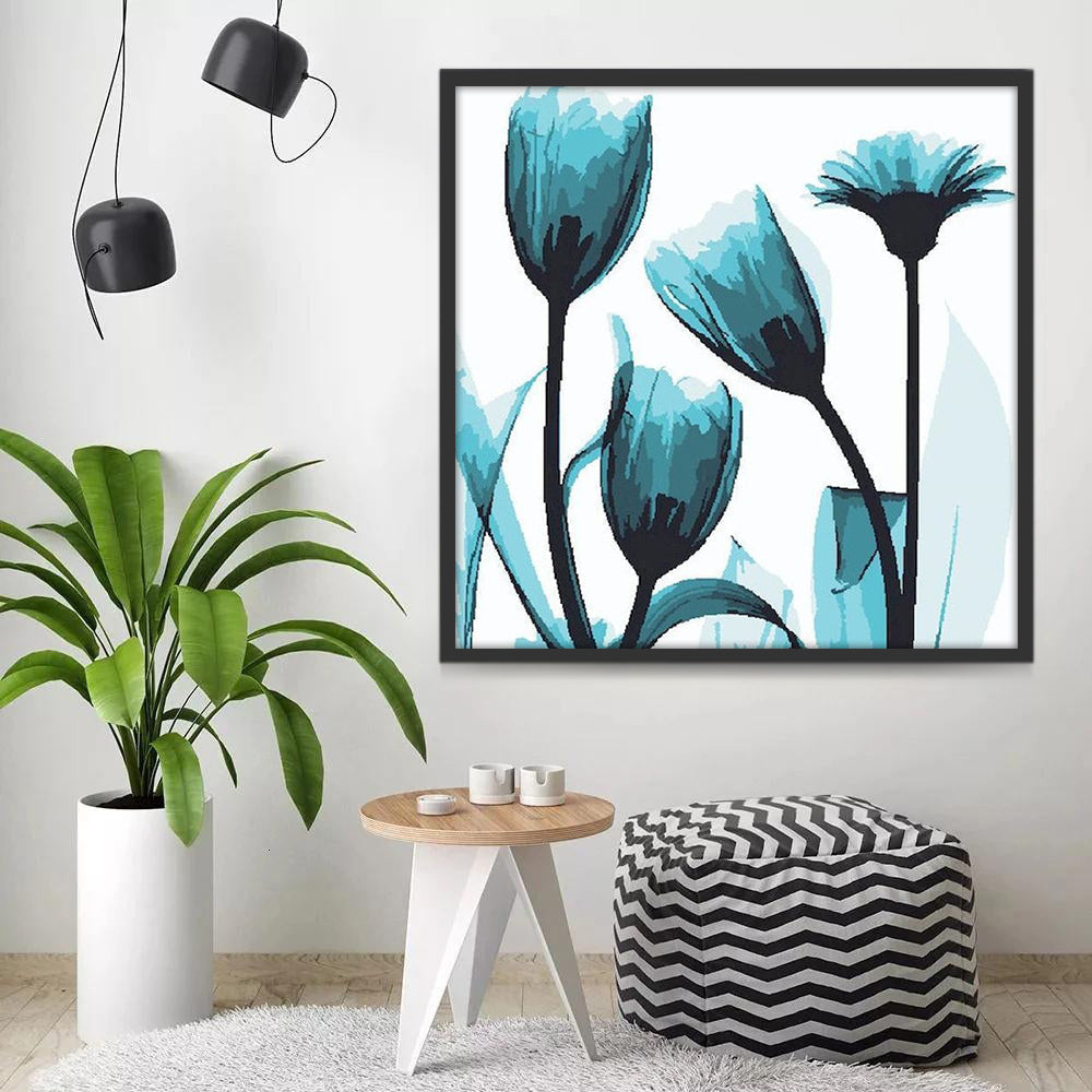 Scandinavische Blauwe Bloemen Schilderen op Nummers