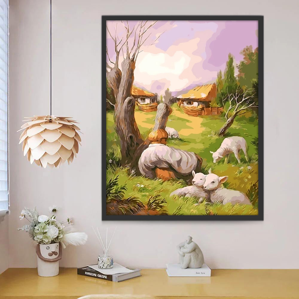 Schapen op het Platteland en een Abstract Gezicht Schilderen op Nummers