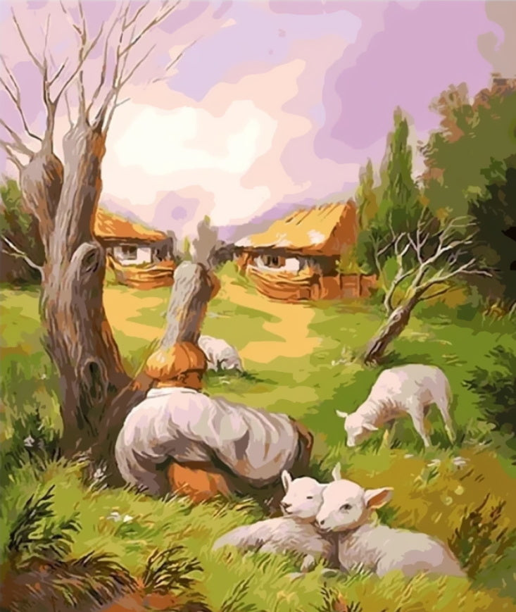 Schapen op het Platteland en een Abstract Gezicht Schilderen op Nummers