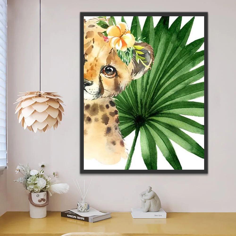 Schattig Luipaard met Bloemenkrans Schilderen op Nummers