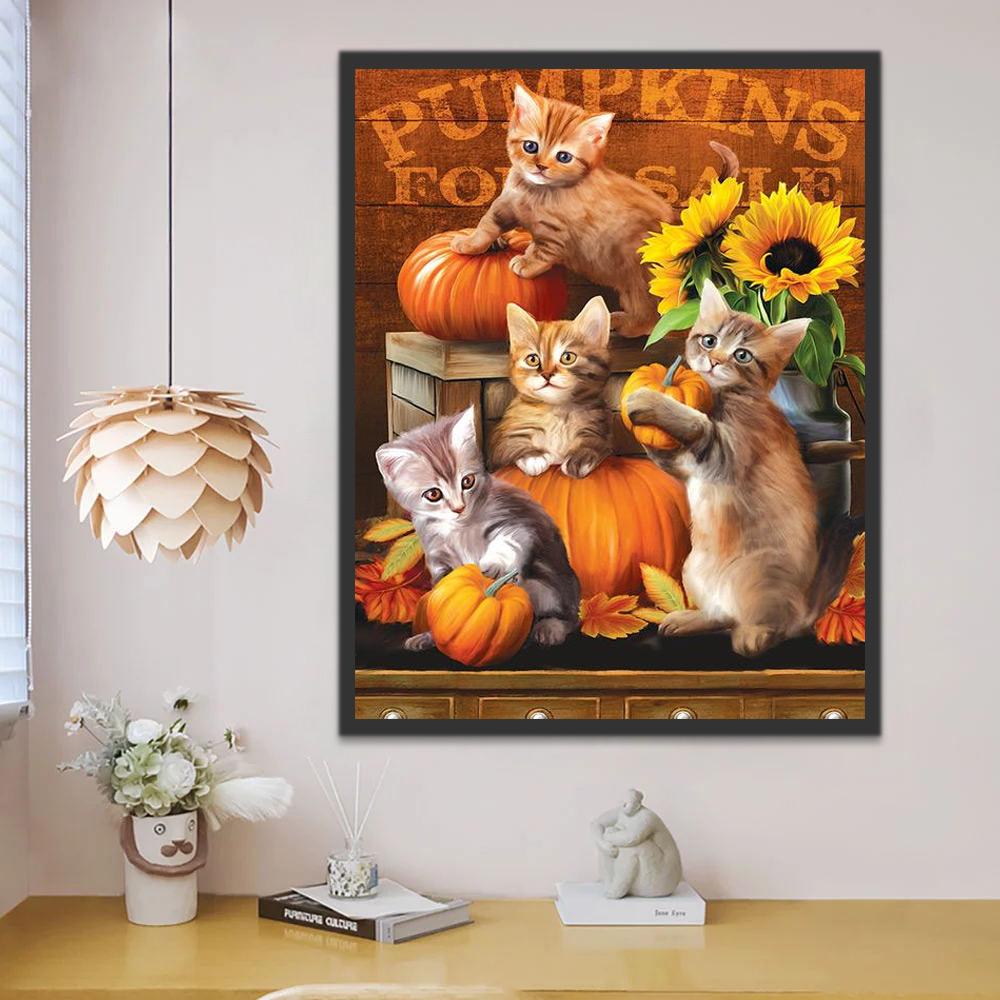 Schattige Katten, Pompoenen en Zonnebloemen Schilderen op Nummers