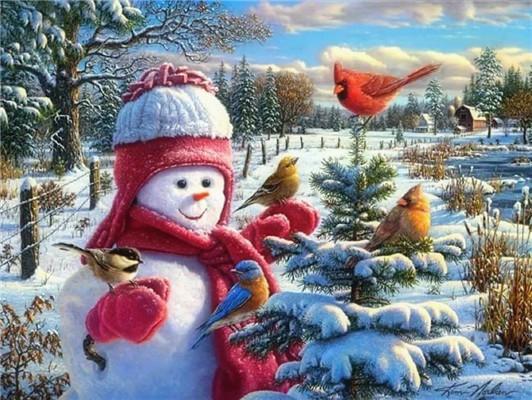 Schattige Vogeltjes en een Sneeuwpop Schilderen op Nummers