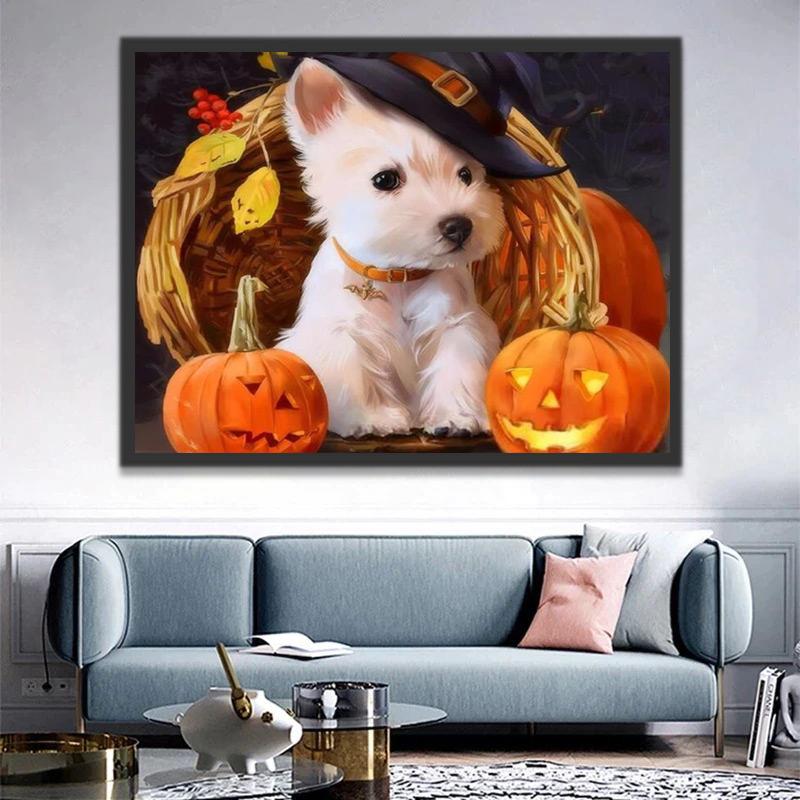 Schattige West Highland Terrier met Pompoenlampen Schilderen op Nummers
