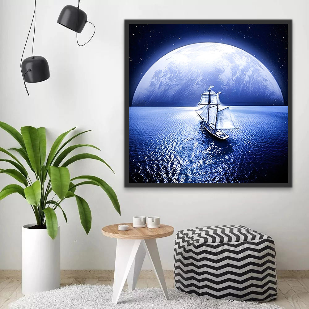 Schip op Zee met een Volle Maan op de Achtergrond Schilderen op Nummers