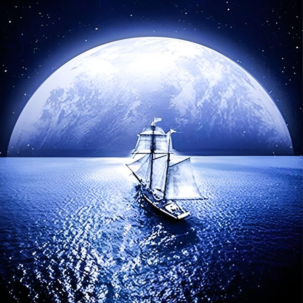 Schip op Zee met een Volle Maan op de Achtergrond Schilderen op Nummers
