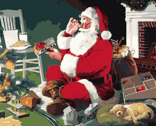 Sinterklaas die een Modeltreintje Vasthoudt Schilderen op Nummers