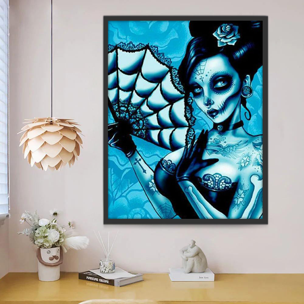 Skeletvrouw in Blauwe Tinten Schilderen op Nummers