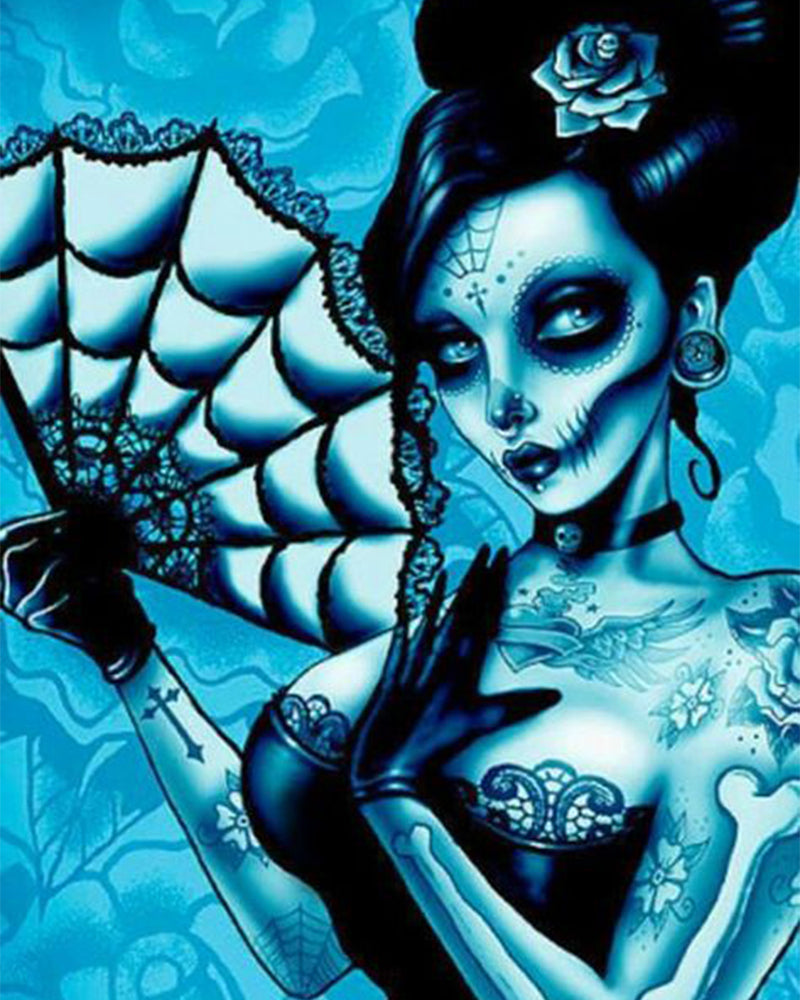 Skeletvrouw in Blauwe Tinten Schilderen op Nummers
