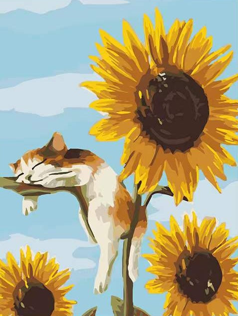 Slapende Kat op Zonnebloem Schilderen op Nummers