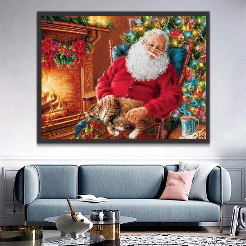 Slapende Kerstman en Kat Schilderen op Nummers