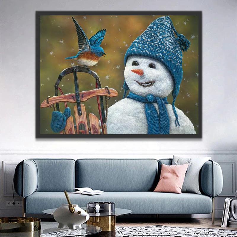 Sneeuwpop met Blauwe Muts en Sjaal en Vogel Schilderen op Nummers