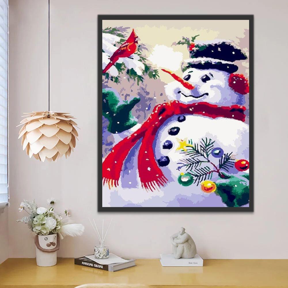 Sneeuwpop met Rode Neus en Rode Vogel Schilderen op Nummers