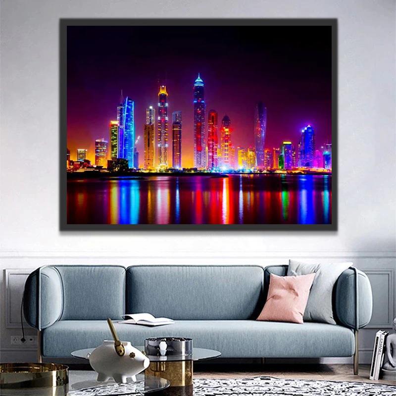 Stadsgezicht van Dubai bij Nacht Schilderen op Nummers