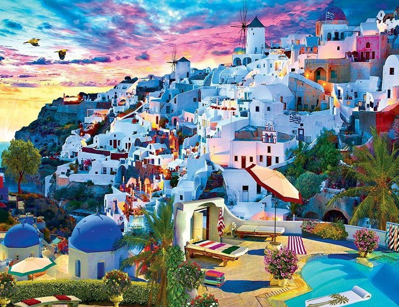 Stadsgezicht van Santorini in een Kleurrijke Zonsondergang Schilderen op Nummers