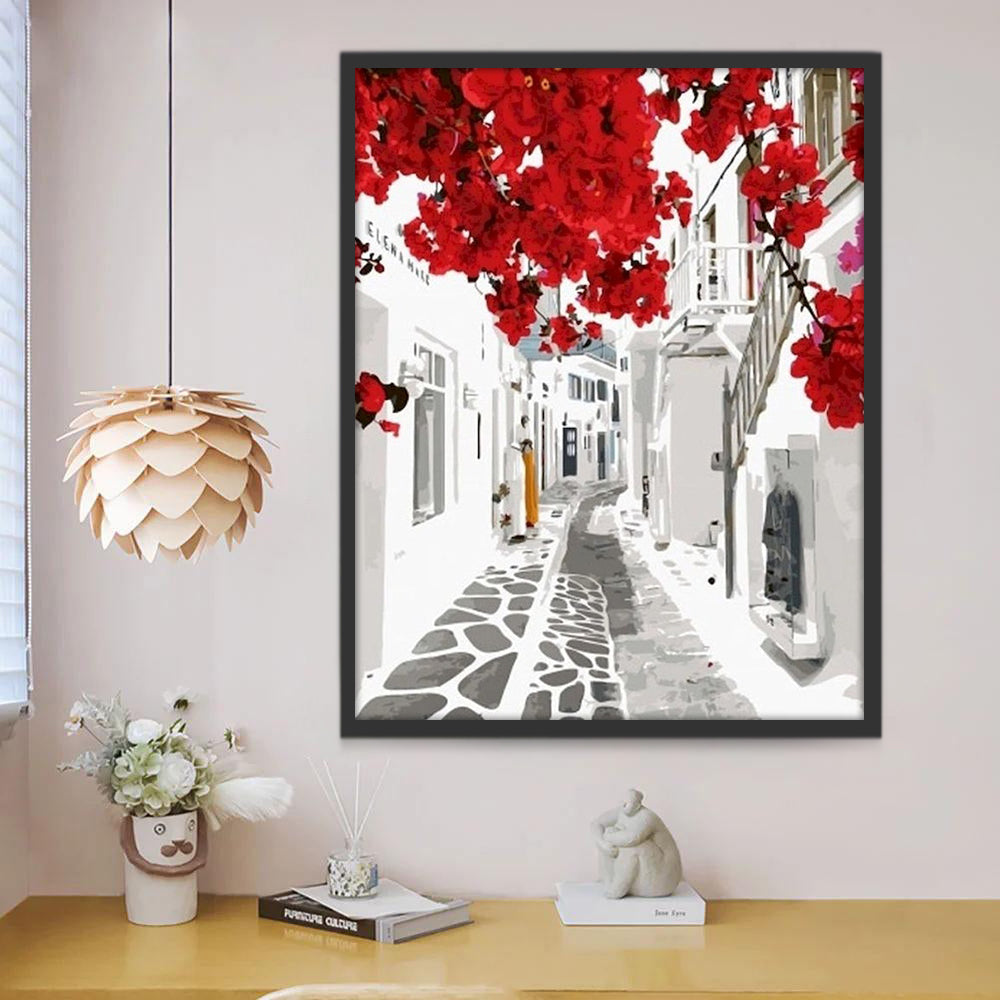 Stadsstraat en Rode Bloemen Schilderen op Nummers