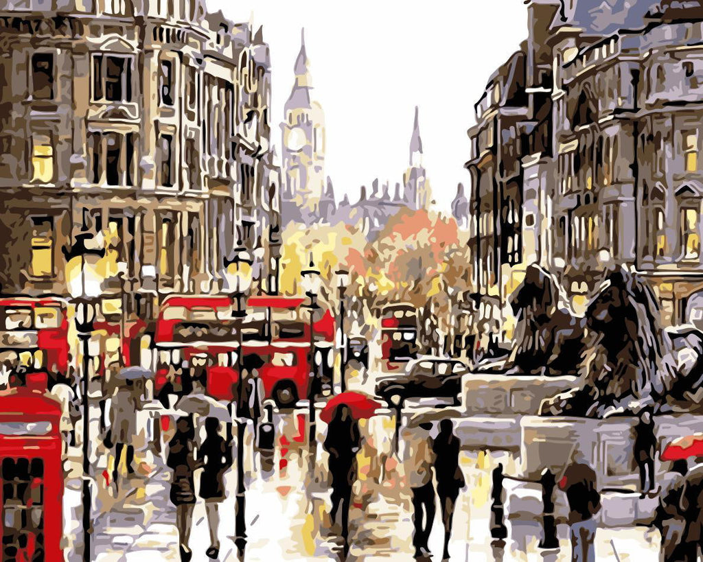 Straatbeeld in Londen op een Regenachtige Dag Schilderen op Nummers