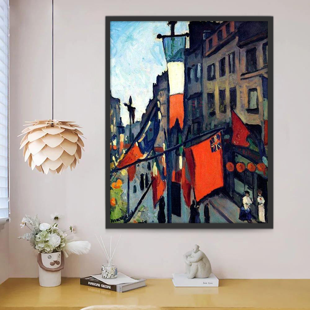 Straten van de Stad met Vlaggen Schilderen op Nummers