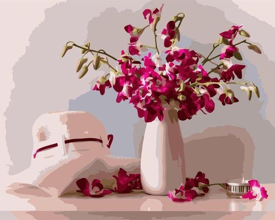 Strohoed en Roze Bloemen Schilderen op Nummers