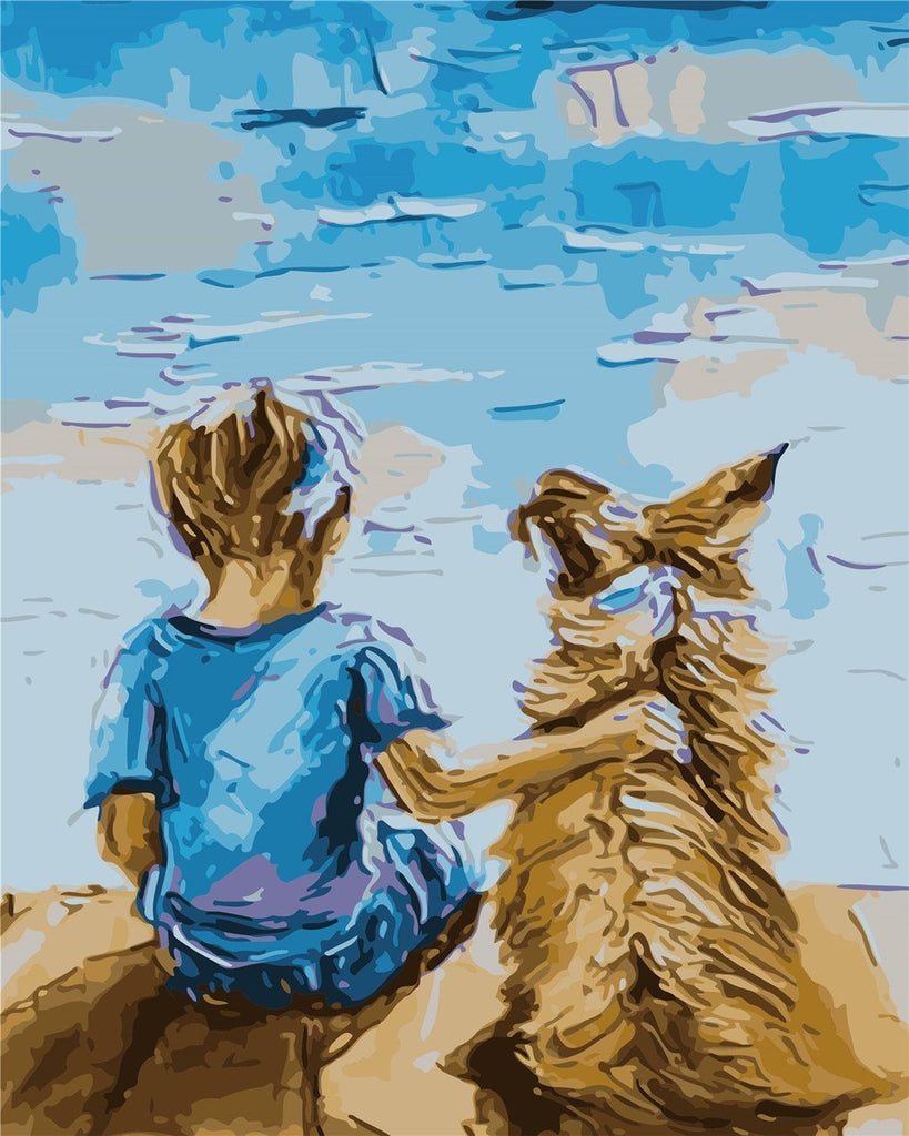 Tiener met Hond op het Strand Schilderen op Nummers