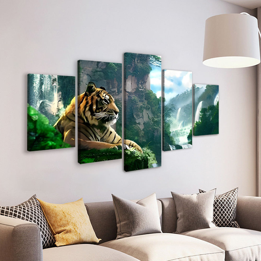 Tijger bij de Waterval 5 Platen Schilderen op Nummers