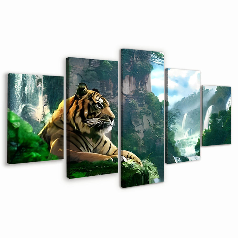 Tijger bij de Waterval 5 Platen Schilderen op Nummers