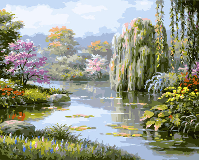Tuin aan Water met Bloemenpracht Schilderen op Nummers